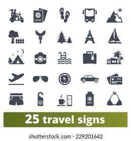 Travel icons: vector set of vacation and transport signs