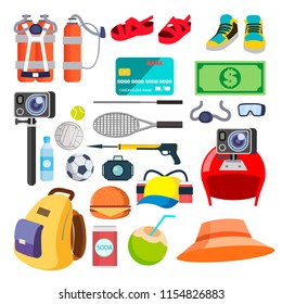 Travel Icons Vector. Summer Time. Holidays, Vacation. Tourism Items, Objects. Isolated Flat Cartoon Illustration