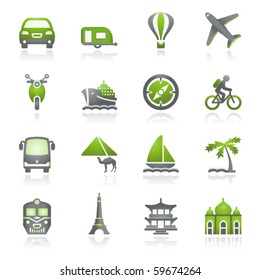 Travel icons for web.  Gray and green series.