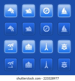 Travel icons for web on blue buttons.