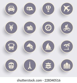 Travel icons with white buttons on gray background.