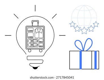 Ideas de viaje, planificación de vacaciones, creatividad, regalos, inspiración, exploración del mundo. Una bombilla con maleta, caja de regalo de estrellas. Ideas de viaje y planificación de vacaciones visual