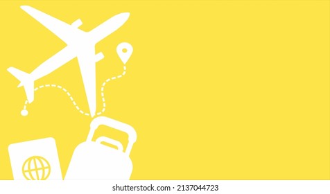 Travel illustration for banner, yellow background plane bag passport. Place for text