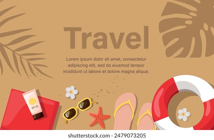 Travel illustration. Beach accessories. Sunglasses, towel, sun block, flip-flops on sandy beach