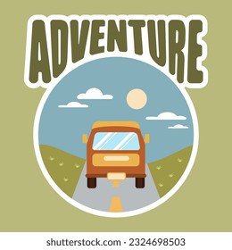 Travel illustration, bus on the background of a summer landscape and the text Adventure. Banner, clip art, poster	

