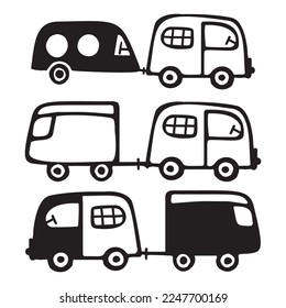 Travel illustration of camper van for outdoor travel set. Folkart caravan vector graphic collection.