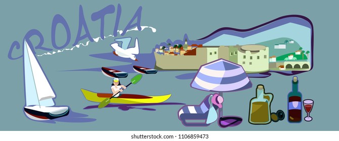 Travel illustration with croatian landmarks,food and drink.  Vector illustration.EPS 8.