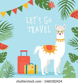 Travel illustration design with cute lams. Tourist destinations elements in colorful summer background. Tropical leaves and flowers.