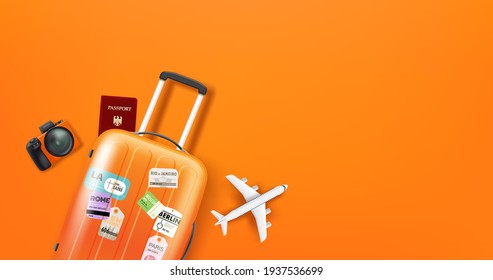 Travel Illustration With Different Staff. Orange Suitcase