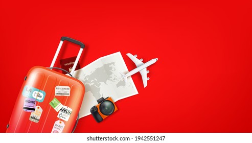 Travel illustration with different staff. Orange suitcase