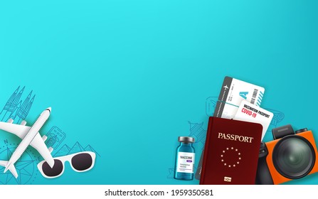 Travel illustration with different staff. Passport, digital camera, tickets, Covid passport