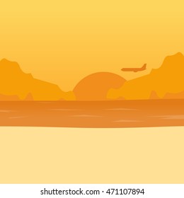 Travel illustration. Flat vector. Sunset. Cartoon background for game design. Game location