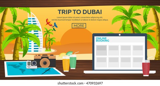 Travel illustration. Flat vector. Time to travel. Sunset. Airplane. Beach bar. Sea. Dubai