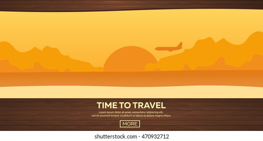 Reisegrafik. Flacher Vektor. Zeit zu reisen. Sonnenuntergang. Flugzeug. Strand. Meer