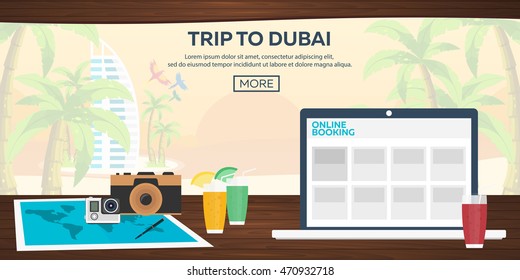 Travel illustration. Flat vector. Time to travel. Sunset. Airplane. Beach bar. Sea. Dubai