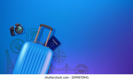 Travel illustration with handbag. 3d illustration with copy space