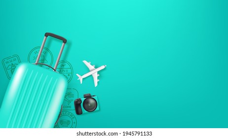 Travel illustration with handbag, aircraft model and stamps. Flat lay illustration