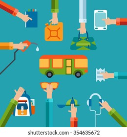 Travel illustration with hands holding bags and different objects