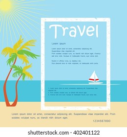 Travel illustration. Hiking, sea voyages. Warm sandy beach by the sea, palm trees and sailboat. White vintage frame on a background of blue sea and sun.
