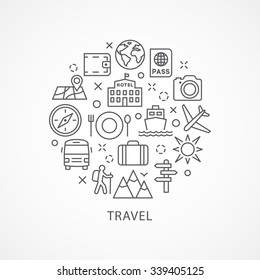 Travel illustration with icons and signs in linear style