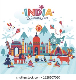 Travel illustration of India panorama vector background