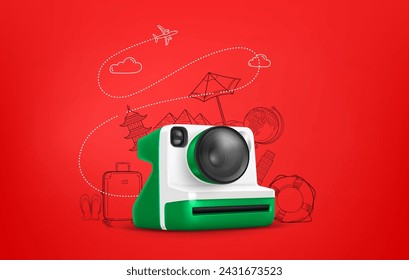 Travel illustration with instant camera and doodle elements

