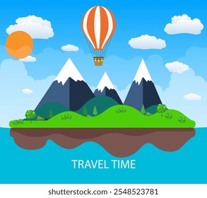 Ilustración de viaje con paisaje. Concepto de viajes y turismo con globo aerostático. Ilustración vectorial. concepto de viajes y vacaciones en diseño plano