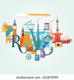 Travel illustration with lettering and and architectural sights. 