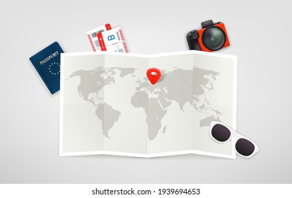 Travel illustration with paper map, digital camera, passport, sunglasses and red pin