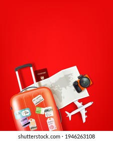 Travel illustration with paper map and suitcase