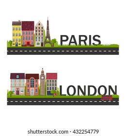 Travel illustration. Paris and London city landscapes.The Big Ben,red bus,trees, houses, buildings, city skyline, The eiffel tower,street, nature, colorful houses, buildings. Vector illustration.