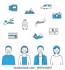 Travel Illustration, Person And Icon Set (white Background, Vector, Cut Out)