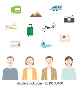 Travel Illustration, Person And Icon Set (white Background, Vector, Cut Out)