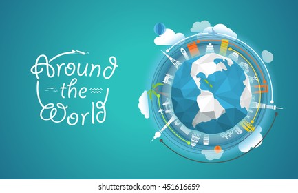 Travel illustration. Planes fly over the Earth. Around the world