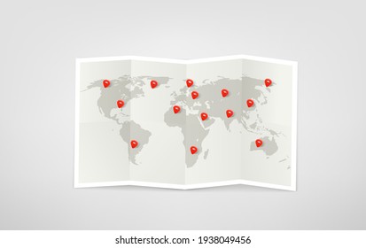 Travel illustration with red bag, paper map, airplane model, tickets, camera. Way of the tourist