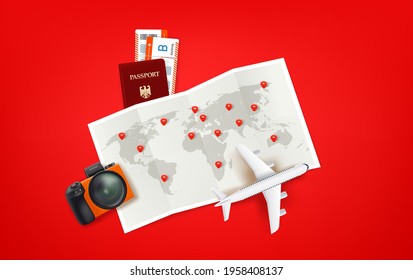 Travel illustration with red bag, paper map, airplane model, tickets, camera. Way of the tourist