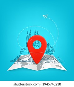 Travel illustration with red pin and paper map