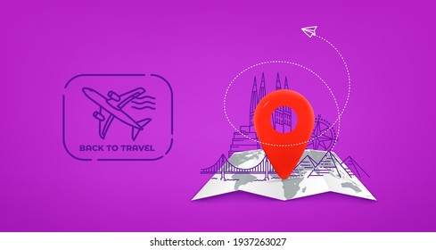 Travel illustration with red pin and stamp. Back to travel