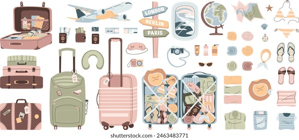 Travel illustration set. Travel and adventure tourism, trips abroad, summer holidays. Hand drawn vector illustration in flat style. Ideal for sticker kit, scrapbooking, posters, tags