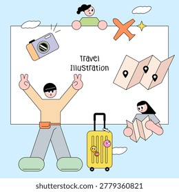 Travel illustration set with cute characters, luggage, map, and camera for summer vacation design