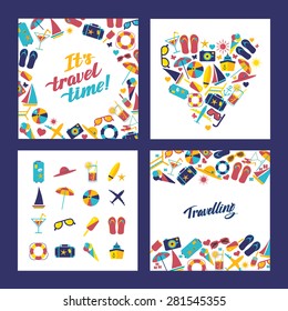 Travel illustration set. Flat design style modern vector illustration of traveling on airplane, planning a summer vacation, tourism and journey objects