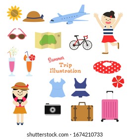 Travel illustration set, girl on summer vacation