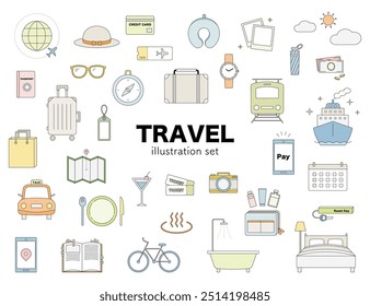 Travel Travel Illustration Set Line Drawing Airplane Suitcase Hot Spring Camera Mobile Color