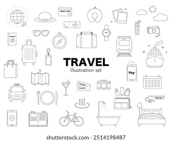 Travel Travel Illustration Set Line Drawing Airplane Suitcase Hot Spring Camera Mobile Monochrome