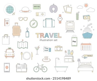 Travel Travel Illustration Set Line Drawing Airplane Suitcase Hot Spring Camera Mobile Color