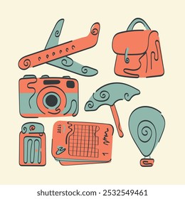 travel illustration set of pictures umbrella airplane bag camera airplane design cover