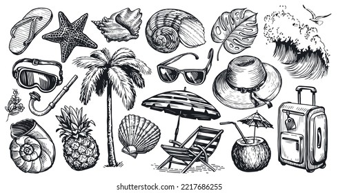 Dibujo de la ilustración de viaje. Elementos de colección dibujados a mano. Vacaciones en la playa, concepto de aventura marítima. Vector de cosecha