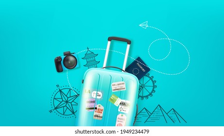 Travel illustration with travel staff and copy space