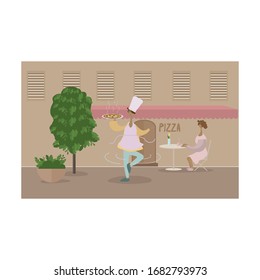 Travel illustration. Tourists and locals in Italy. Italian holiday. Italian street, for dinner in a cafe, a cook with pizza. Great design for web or menu, Flat design