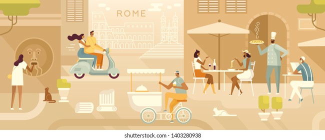 Travel illustration. Tourists and locals in Rome. Roman holiday. Italian street with view the Colosseum and Spanish Steps. Mouth of Truth, friendly dinner in the restaurant, Chef, bike with ice-cream